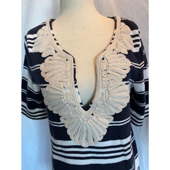 J Crew Pullover Cotton Blend Top Nautical Rope Detail Blue Wht Stripe Hamptons M - Picture 2 of 8